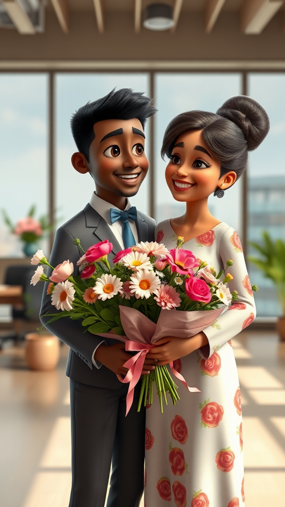 Years later, someone came to propose to me, a black-skinned girl, bringing flowers with his mother. Office 8k, 3D Pixar-style. - Image