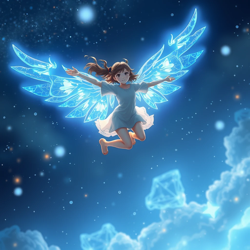 The girl leaped lightly into the air, with a pair of wings made of energy spread out behind her, sparkling with blue light. She soared freely in this magical world, exploring unknown territories. Picas style, 3D rendering, ultra-high definition picture quality, 36k, -- niji 6. - Image