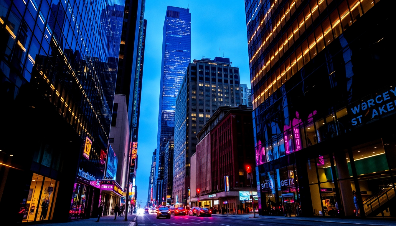 A vibrant city street at night, with reflections in the glass windows of skyscrapers.