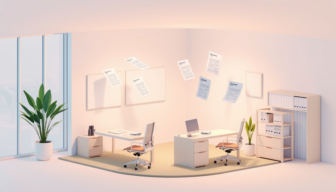 Modern Isometric Office Space with Floating Financial Documents in Soft Tones