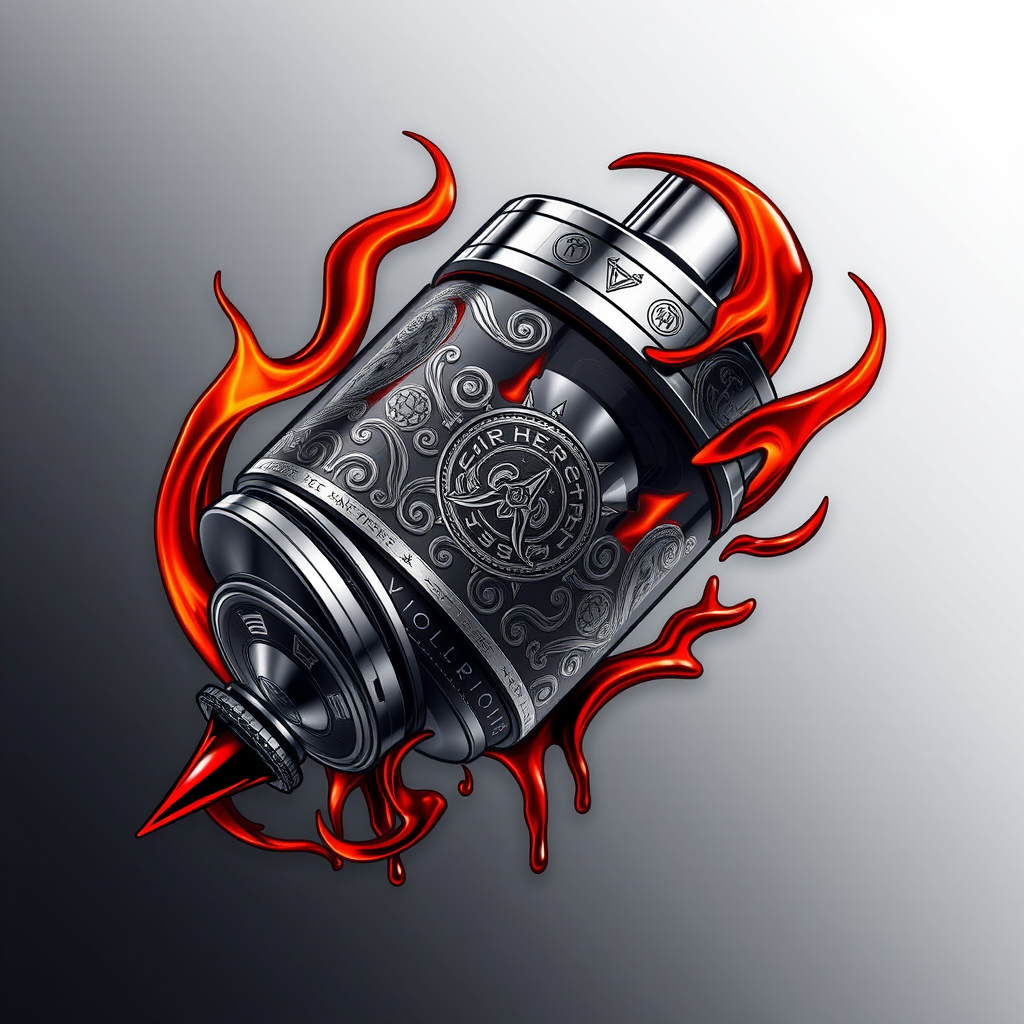 Hyper-realistic logo design for DoomVapes: Intricately detailed metallic vape tank, engraved with infernal motifs. Hellfire wisps curl around the device. Blood-red liquid seeps through cracks. Chthonic symbols etched on sleek surface. - Image