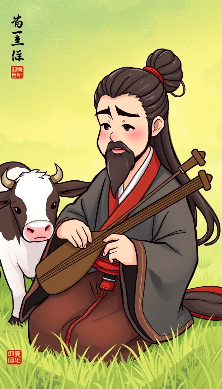 Gong Mingyi, in his traditional Chinese robes with long flowing hair in a bun, stops playing and looks puzzled. His eyebrows are furrowed, and he observes the cow's lack of reaction to his music. The background continues to show the lush greenery of the field. (illustration style, traditional Chinese art)