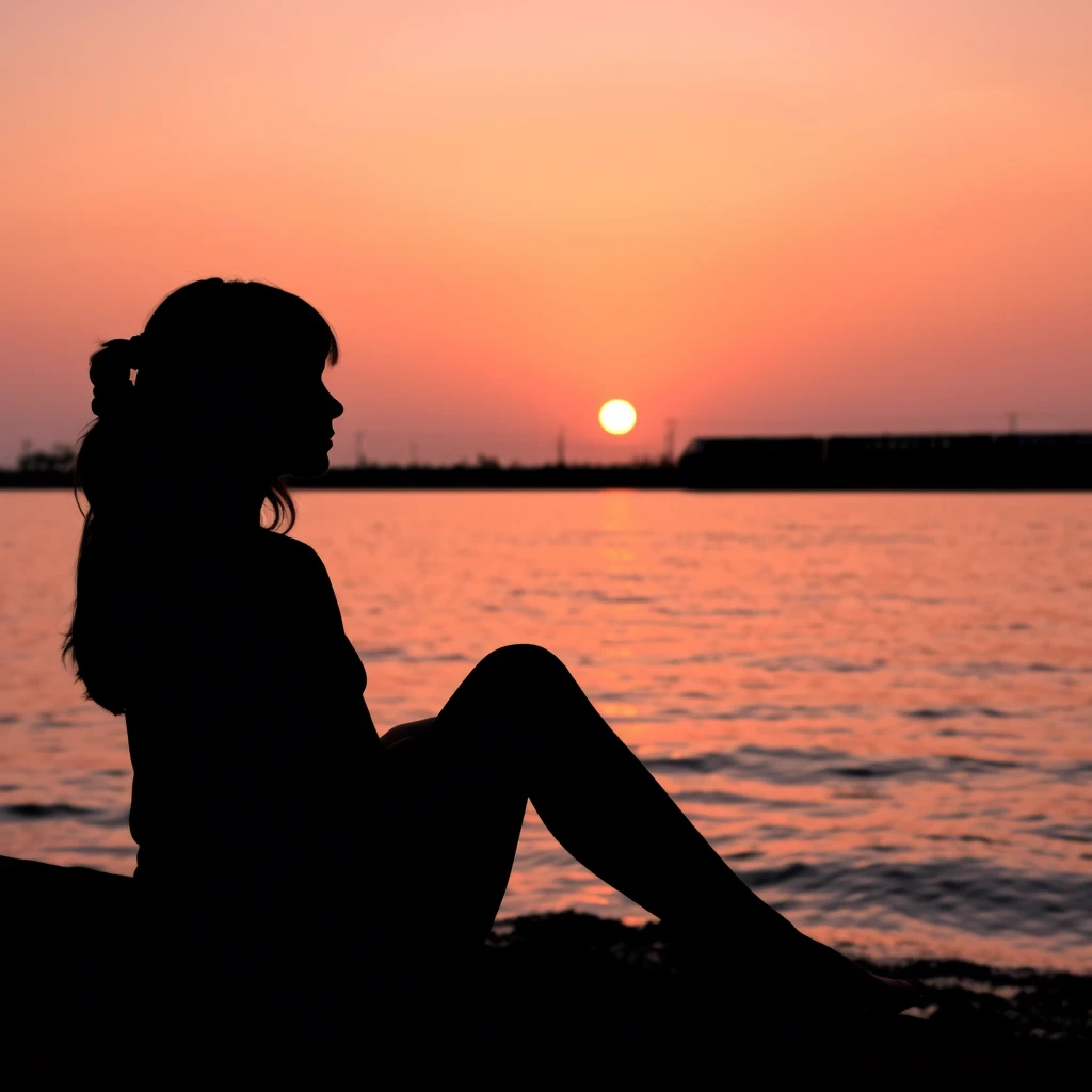 'silhouette of a girl sitting by the sea, sunset, soft colors, gradient, pale pink, orange, warmth, summer, in the distance a railroad and a train, tranquility, coziness, stillness' - Image