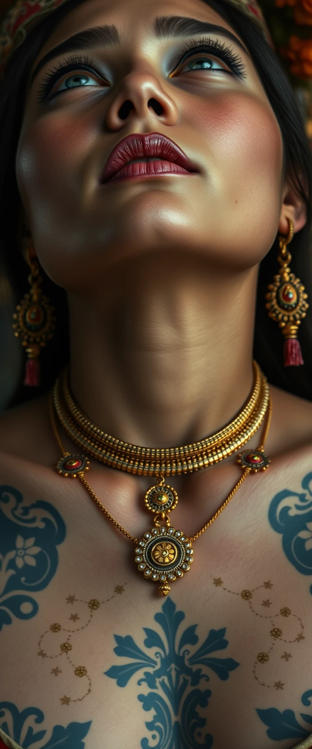 Close-up view of the tattooed chest of a white-skinned Korean Indian woman with beautiful facial features and blue eyes, wearing gold ornaments and looking upwards.