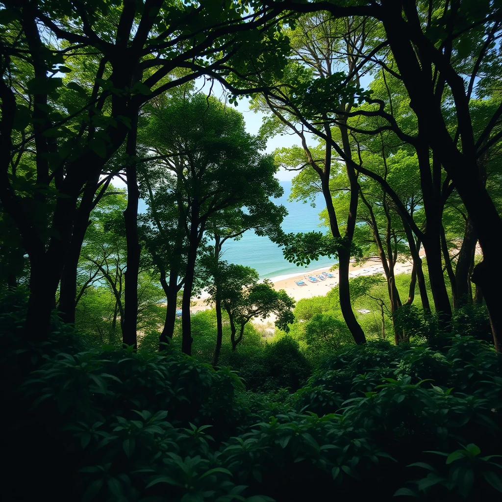 dense green forest with a clearing overlooking the beach and sea, dynamic shot - Image