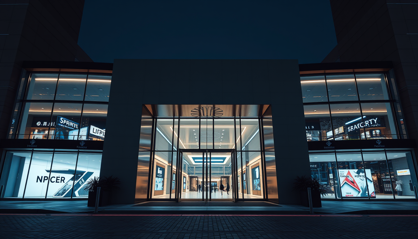 Late night, close-up of modern luxury shopping mall gate, (Minimalism: 1.4) design, cold colours, masterpiece, best quality, realistic style, 3D rendering, architectural photography, masterpiece, high quality, ultra high detail, 8K, HD. - Image