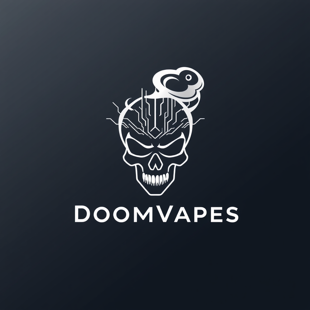 Sleek, minimalist logo design for DoomVapes, a cutting-edge vapemod company. Incorporate a stylized vapor cloud forming an ominous skull shape, with subtle circuit board patterns. Use a dark metallic gradient background. Combine futuristic tech aesthetics with gothic undertones. Sharp, vector-style execution. - Image