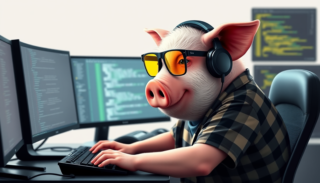 A tech-savvy porcine coder, donning yellow-tinted glasses and sleek noise-cancelling headphones, hunches over a cutting-edge multi-monitor setup. The anthropomorphic pig exudes focus, typing furiously. Wearing a plaid t-shirt.