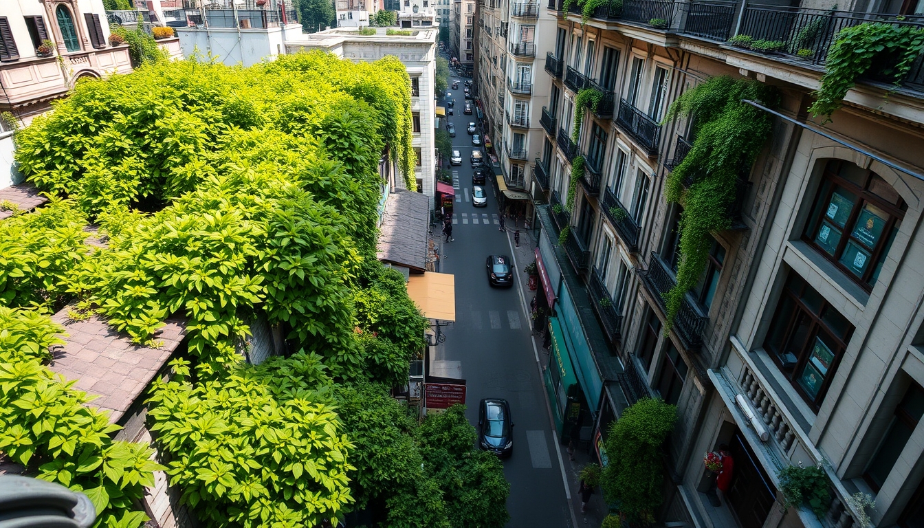 A high-angle shot of a bustling city street, lush green plants spilling from windows and rooftops, creating a vibrant contrast against concrete structures.