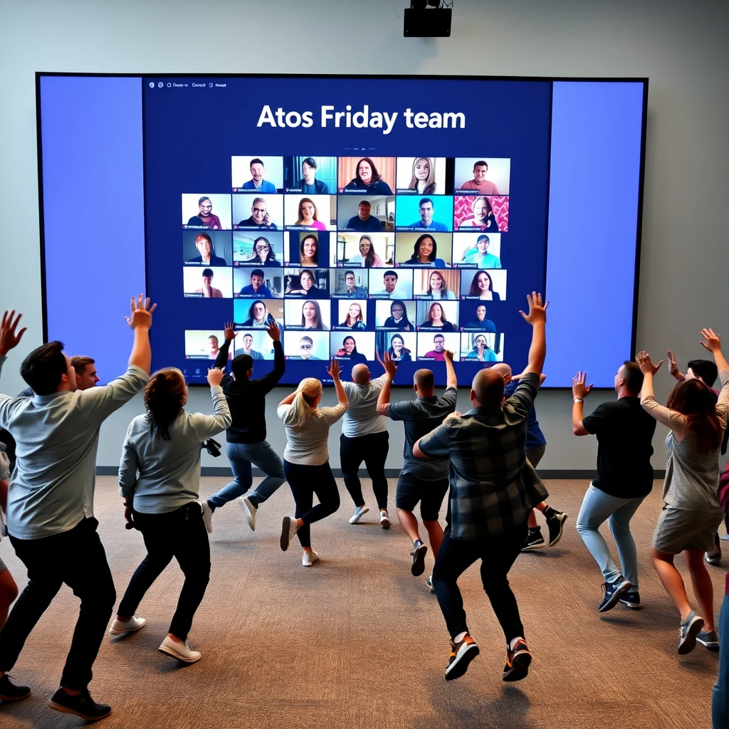 Lots of people dancing and jumping in front of a screen that takes up the whole wall. The screen shows a Microsoft Teams meeting with many people. The title on the screen says "Atos Friday Team."