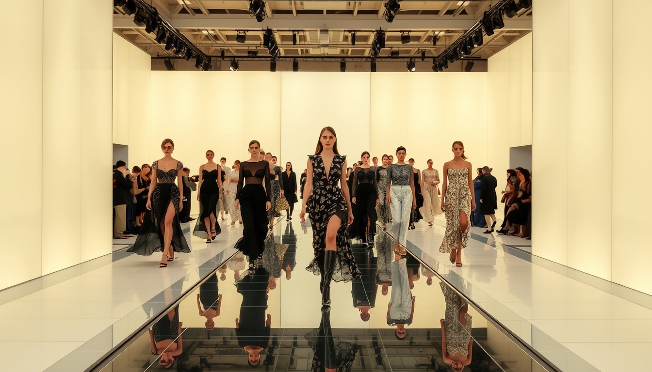 A high-end fashion show with models walking down a glass runway. - Image