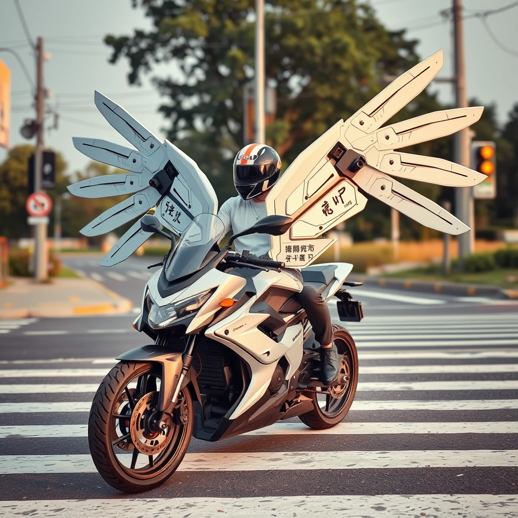 At the crossroads, someone is riding a smart motorcycle, which has huge mechanical wings and features Chinese characters or Japanese.