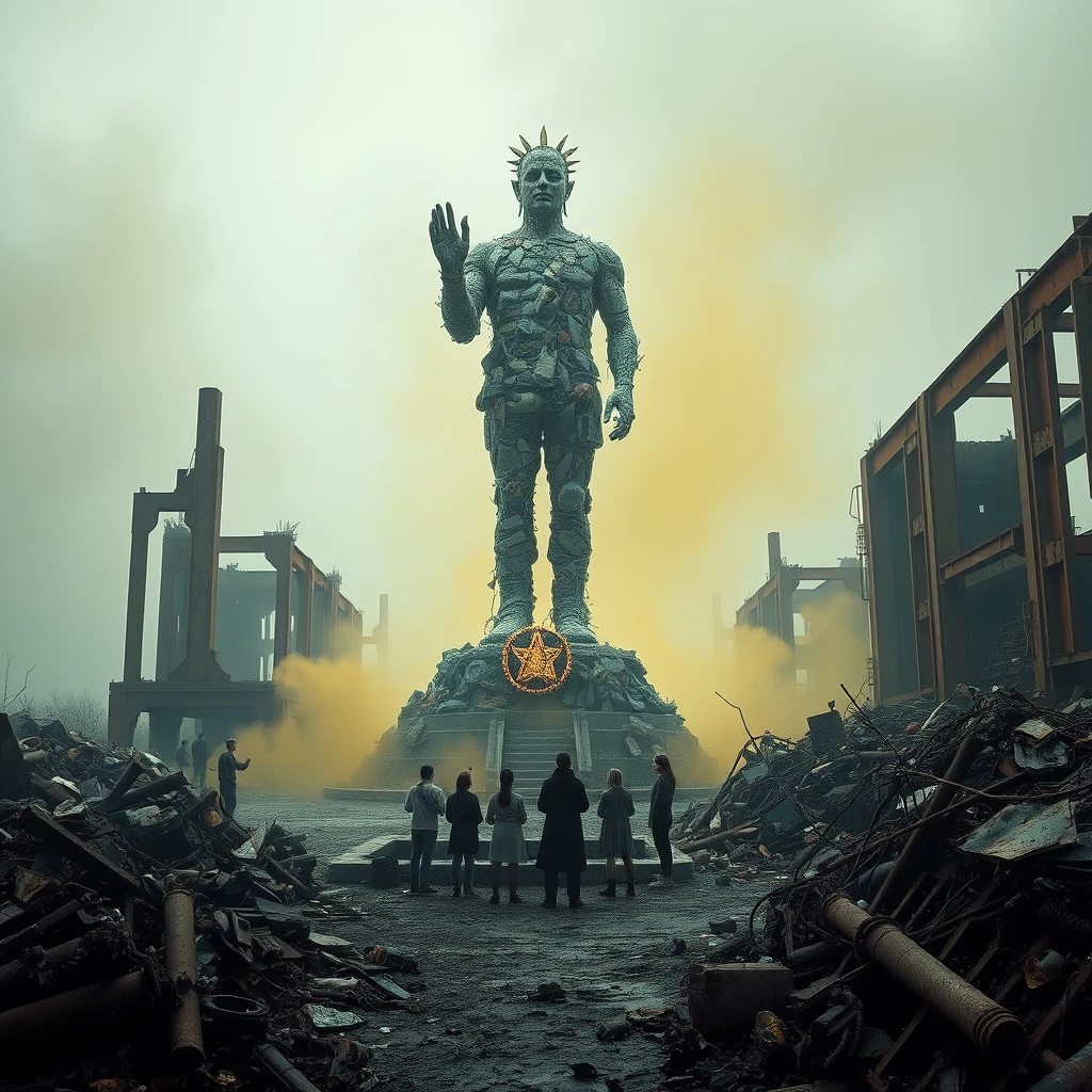 Post-apocalypse landscape, ruins, rust, several people praying to a statue made of garbage and debris, toxic waste, yellow haze. - Image