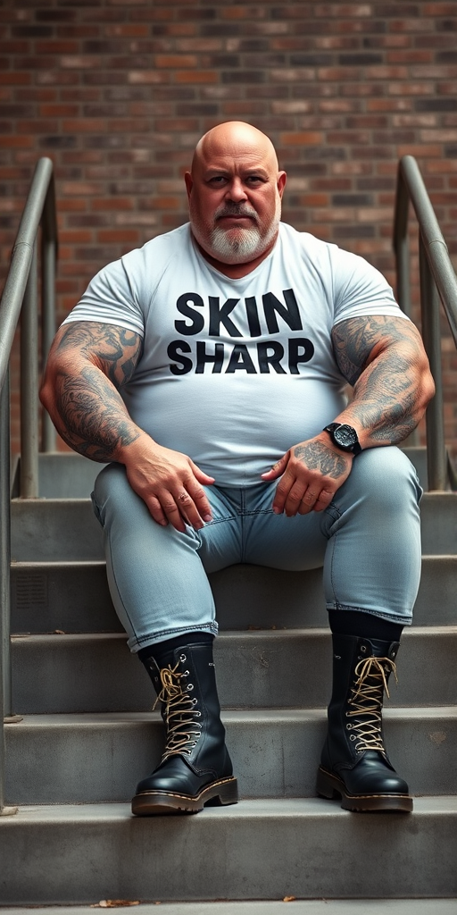 Prompt: a portrait-style photograph featuring an extremely huge 50-year-old muscular, beefy, handsome, male skinhead bodybuilder sitting on a set of concrete stairs. He has a bald head, light skin, and is wearing a white t-shirt with the words "SKIN SHARP" on it. His enormous muscular arms are heavily tattooed with intricate designs. He is also wearing tight bleached denim trousers that highlight his huge, muscular legs and black knee-high Dr. Martens boots with white laces. The background consists of a brick wall and metal handrails on either side of the stairs. The overall setting appears to be industrial. - Image