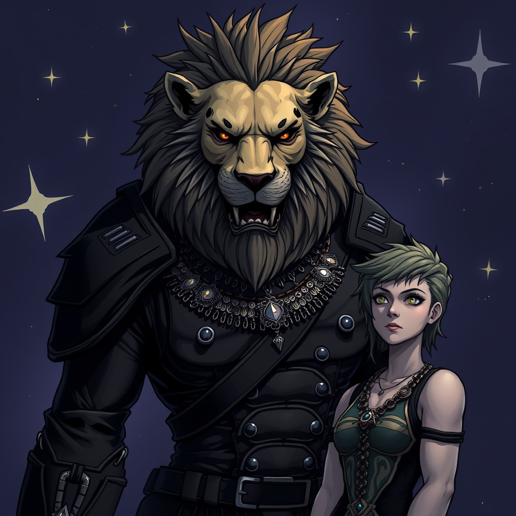 a monster with the head of a lion, wearing a full black military outfit with jewelry, standing next to a human, with space stars in the background. - Image