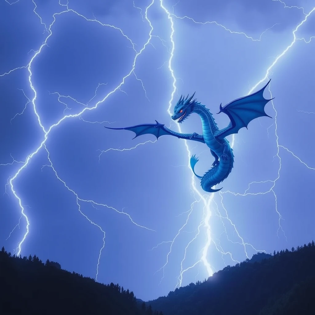 Against the backdrop of the lightning sky, the blue dragon of the East is soaring into the sky. k-pop. - Image