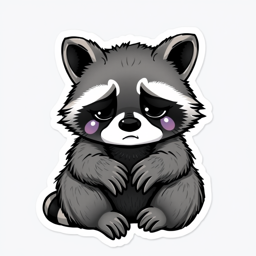 A raccoon with drooping ears, tears in its eyes, and a sad expression on its face. It is sitting with its paws wrapped around its knees. This sticker can be used to show sadness or sympathy.