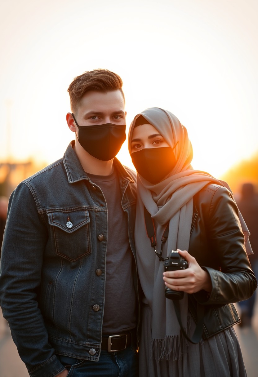 Jamie Dornan's head and body shot, handsome, black face mask, denim jacket, jeans, dating, love couple, with the biggest grey hijab Muslim girl, black face mask, beautiful eyes, black leather jacket, biggest skirt, taking picture, DSLR Canon camera, sunset, hyper realistic, street photography. - Image