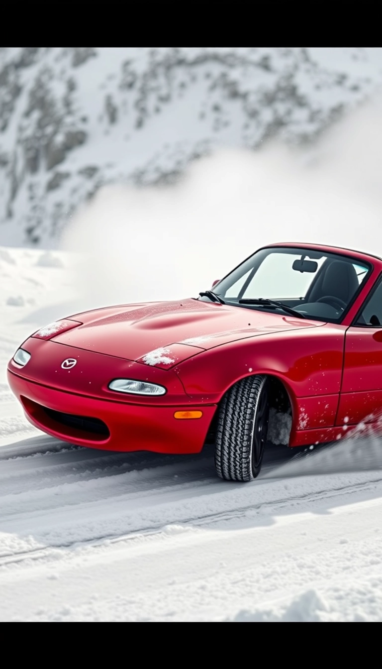 Create an image of a red 1991 Mazda MX-5 drifting on a snowy mountain.