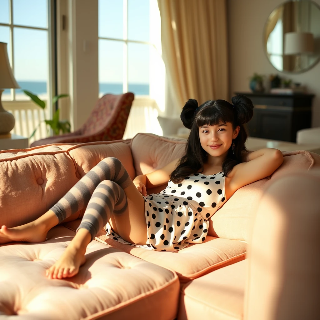 In a sunlit beach house, Wednesday Addams, as portrayed by Jenna Ortega, lounges on a plush sofa, exuding an air of relaxed confidence. - Image