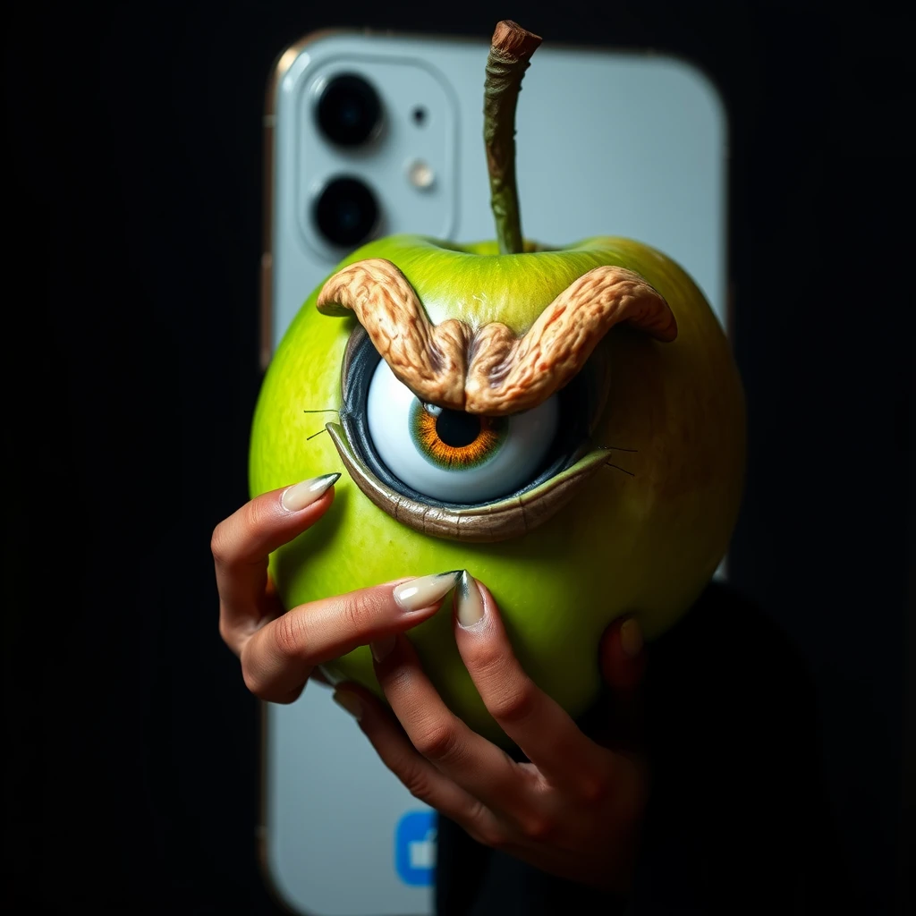 The one-eyed evil is eating a green apple against the background of an iPhone. - Image