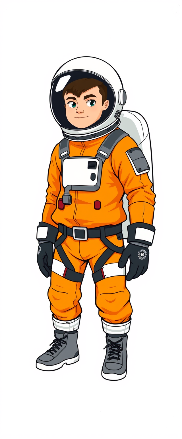 This is a vector illustration of an astronaut wearing an orange spacesuit. He is standing on a white background with some scattered white dots on it. The astronaut's helmet is white with a black visor. The suit is a bright orange, with white accents and a black belt. The astronaut's gloves are black, and he is wearing grey sneakers, warrior man Space.