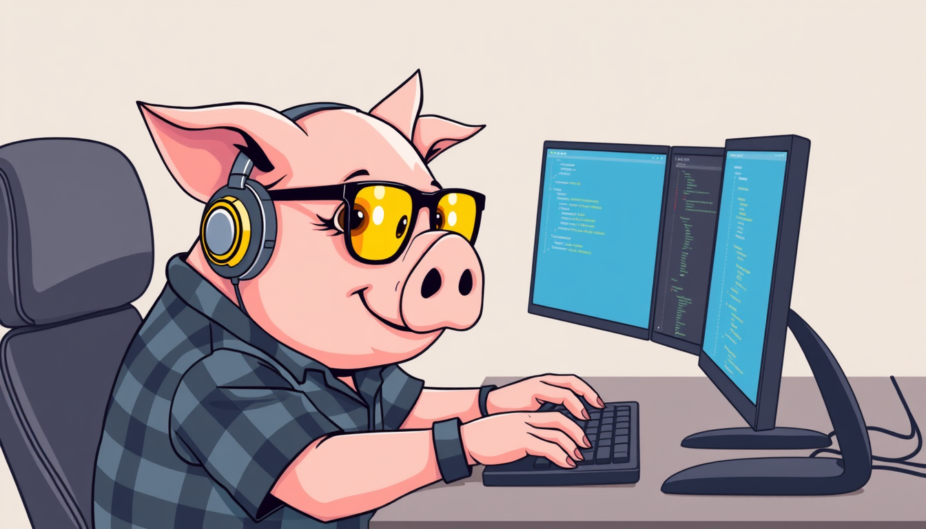 A tech-savvy pig coder, wearing yellow-tinted glasses and sleek noise-cancelling headphones, is hunched over a cutting-edge multi-monitor setup. The anthropomorphic pig exudes focus, typing furiously while dressed in a plaid t-shirt.