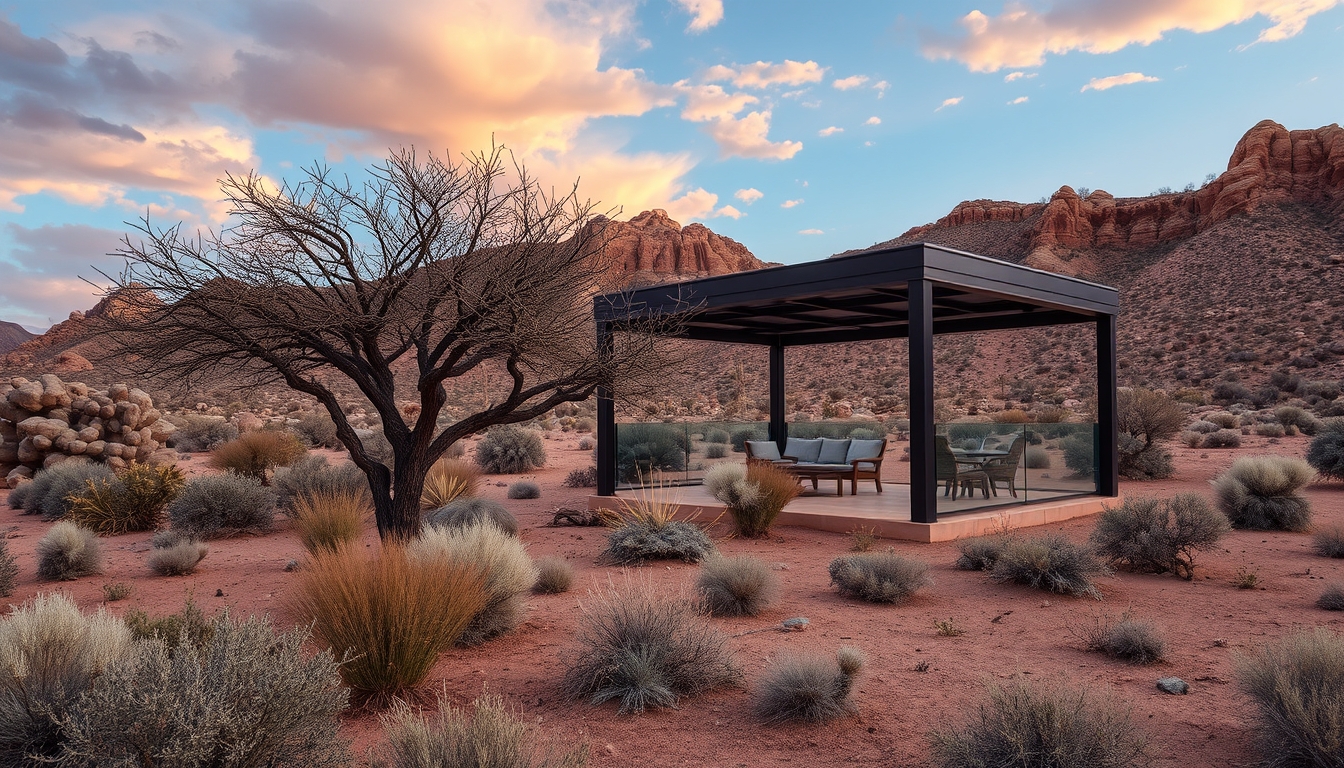 A dramatic desert landscape with a glass pavilion offering shade and shelter. - Image