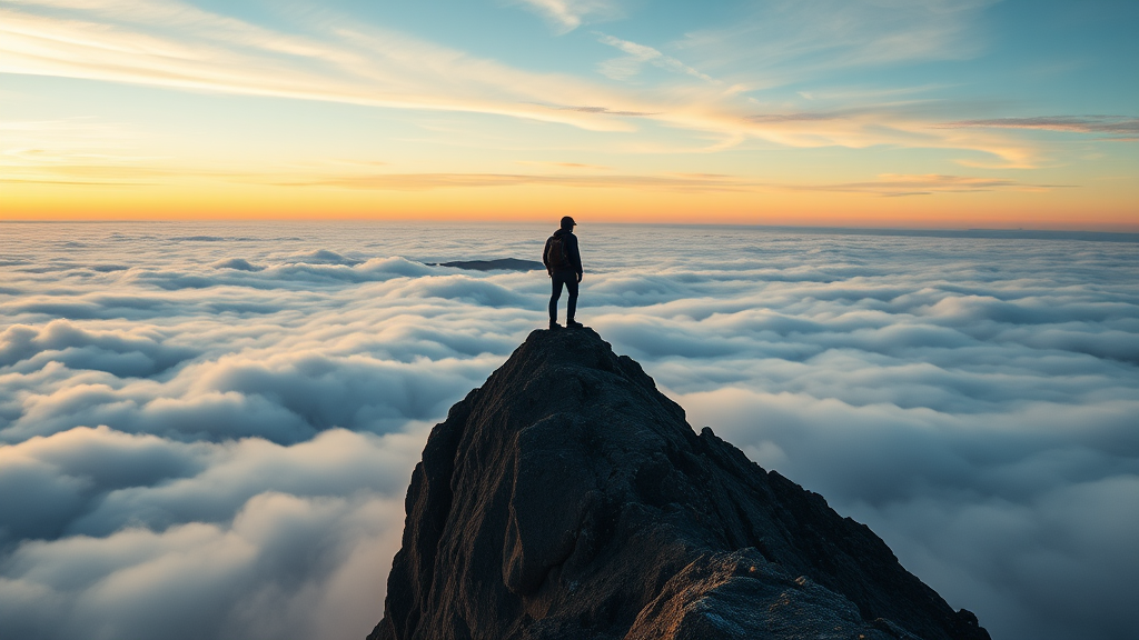 a man standing on top of a mountain, looking out over the sea of clouds, by Carlo Mense, art photography, shutterstock contest winner, walking above the clouds and fog, wanderer above the sea of fog, among the clouds, rise above clouds, a wanderer on a mountain, upon the clouds, standing on mountain