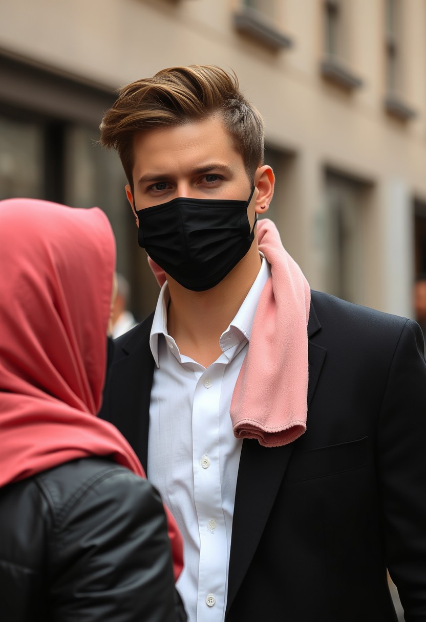 Jamie Dornan's head and body shot, handsome, young, face mask black, white shirt half buttoned, black coat suit, dating love with the biggest soft pink hijab girl, beautiful eyes, black leather jacket, face mask black, biggest floral skirt, hyper-realistic, street photography.