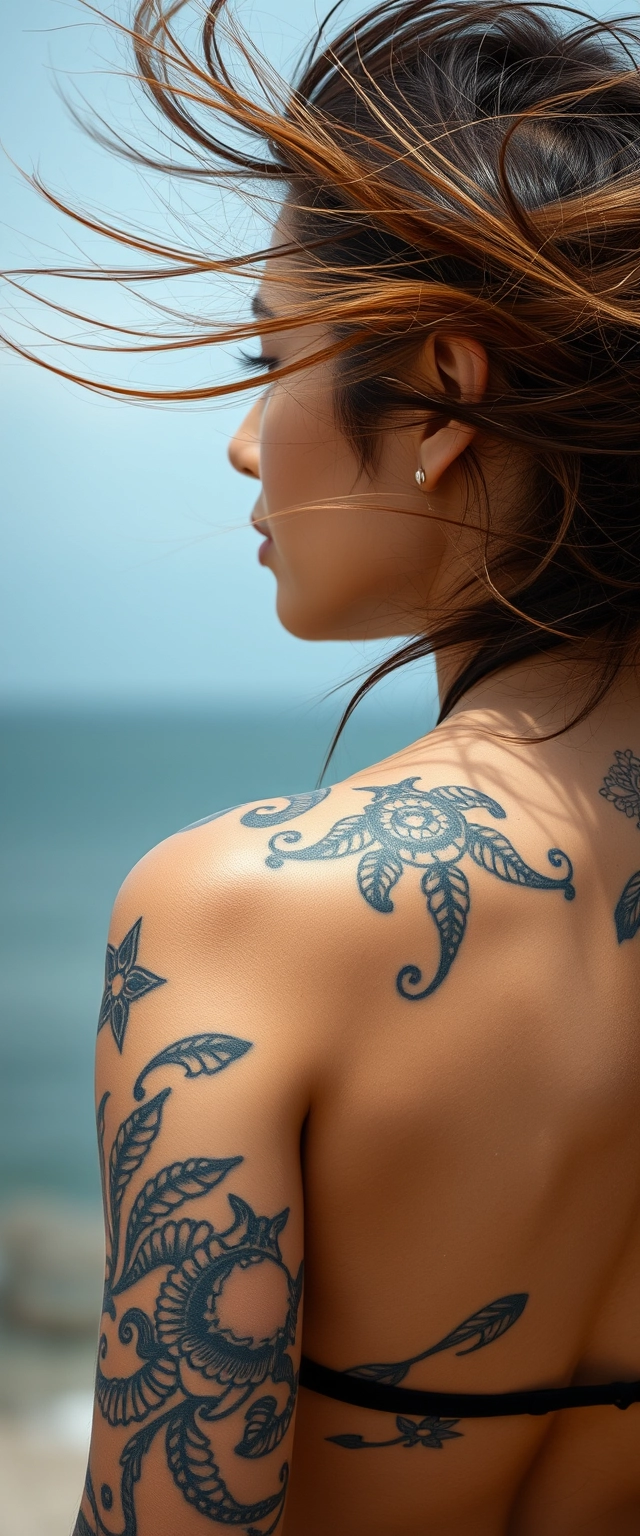 Close-up view of the back of a tattooed muscular Indian-Korean woman with her hair flying.