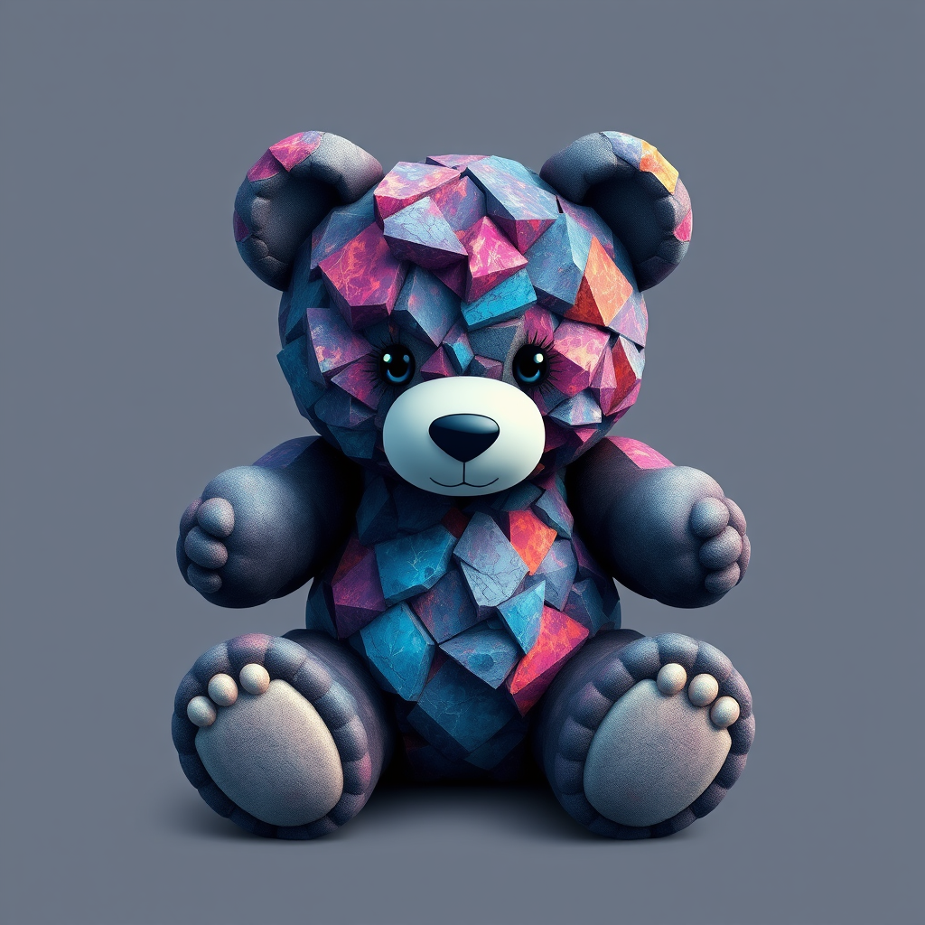 A tee shirt design of a teddy bear whose entire body, ears, and head are perfectly made of a beautiful jagged mineral that looks reminiscent of the universe with uneven colorful shards sticking out. Striking and beautiful, with deep blues and purples contrasting with vibrant reds and orange.