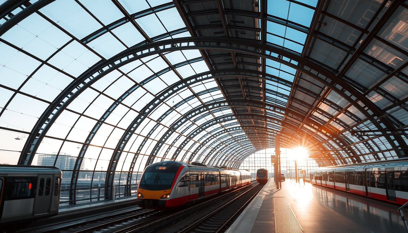 A futuristic train station with glass ceilings and walls, sunlight streaming in.