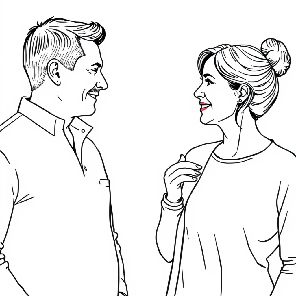 Husband and wife are communicating in black and white line style. - Image