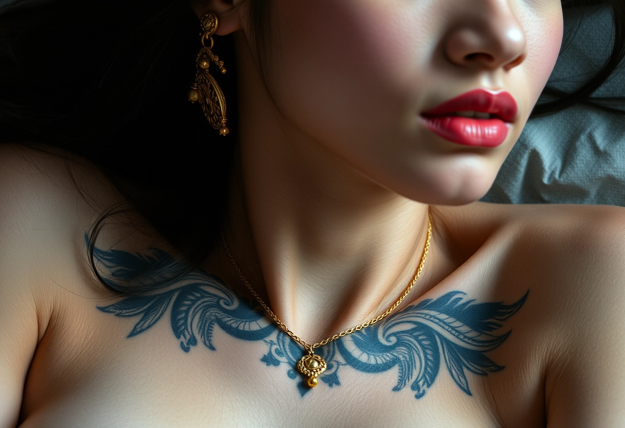 Close-up view of the tattooed chest of a Korean-Indian woman with white skin, beautiful facial features, and blue eyes, wearing gold ornaments, lying down with her face hanging down and neck visible. - Image