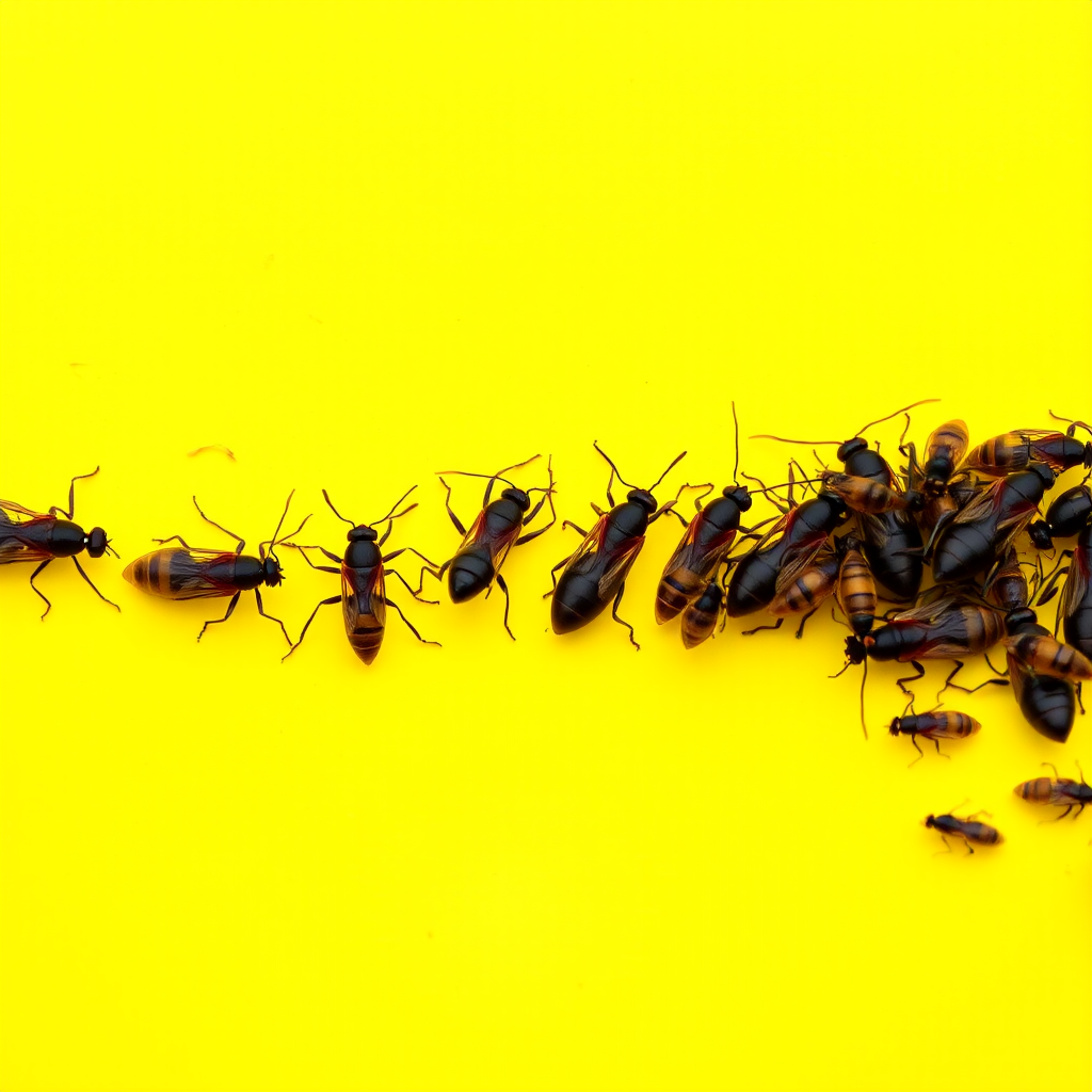 Some insects in a small queue, yellow background, realistic photograph.