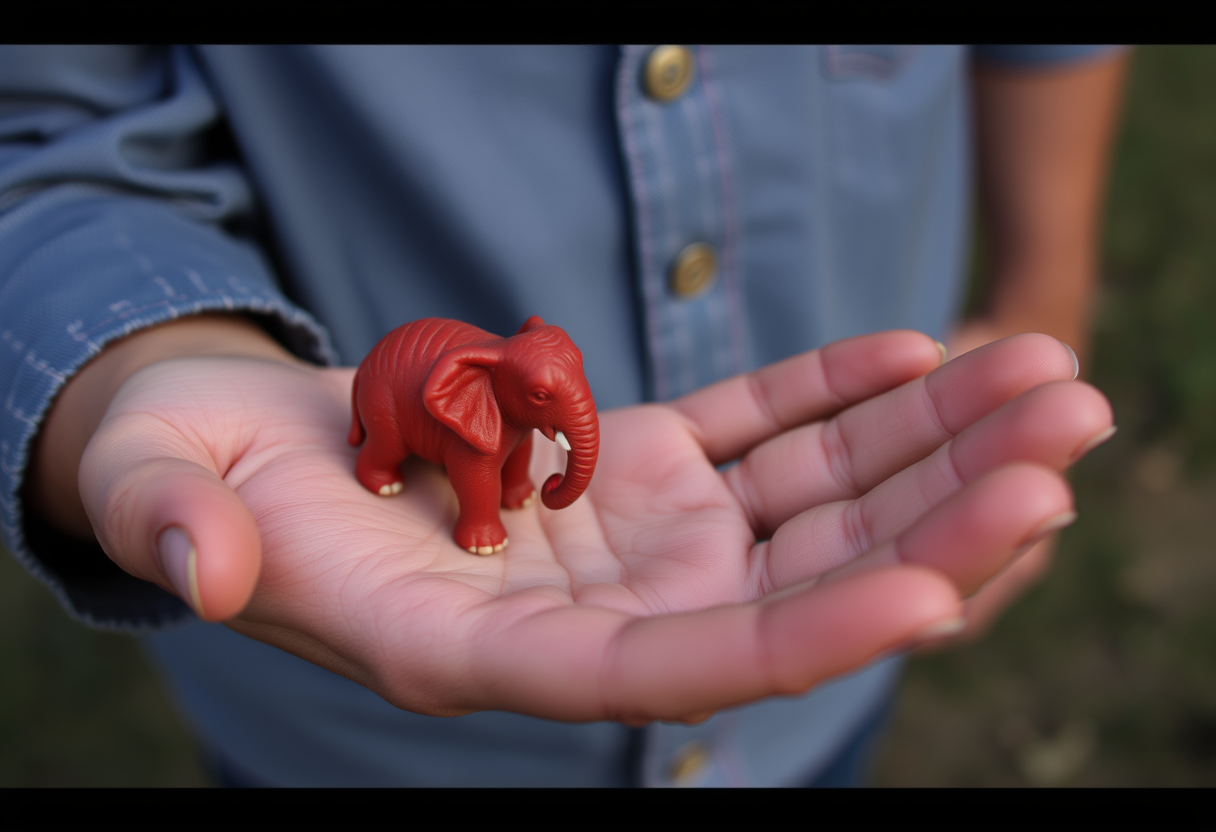 In the palm of his hand was a shrunken red elephant. - Image