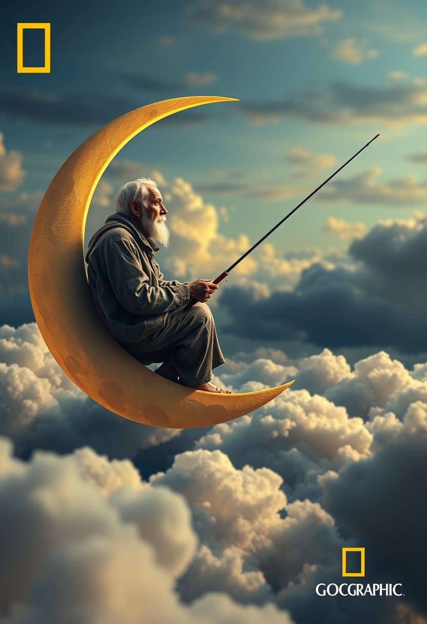 An old man sits serenely on a crescent moon, (fishing among the clouds:1.4). The scene has an evening, tranquil atmosphere. It’s dreamy and whimsical. Deep depth of field, photography, National Geographic photo, hyper-realistic, 16k resolution, (masterpiece, award-winning artwork), many details, extremely detailed, full of details, wide range of colors, high dynamic.