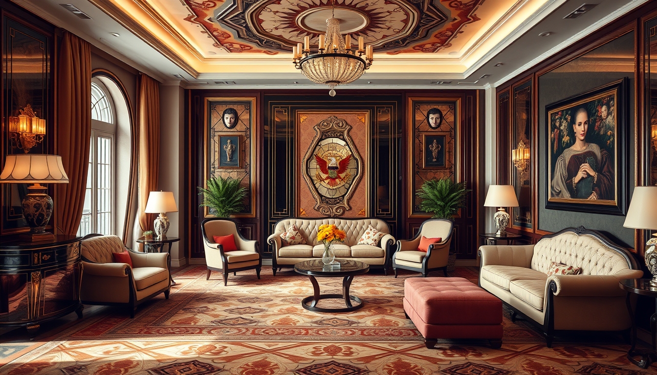 An interior scene of a luxurious room with Art Deco furniture, rich color palettes, and intricate geometric patterns.