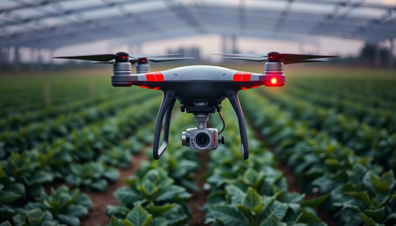 Smart agriculture with drone monitoring, representing tech-driven farming.