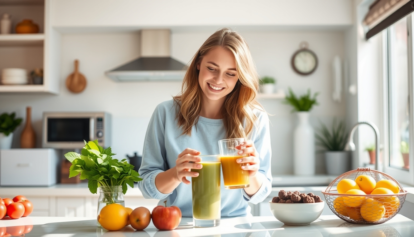 Happy young woman preparing a healthy smoothie in a bright kitchen reflecting the energy and freshness of a sunny morning. - Image