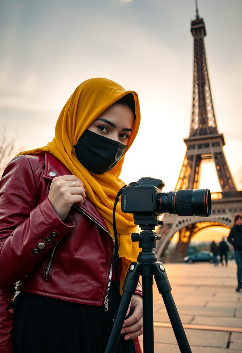 Biggest hijab yellow Muslim girl, beautiful eyes, face mask black, red leather jacket, black biggest skirt, camera DSLR CANON, tripod, taking photo Eiffel Tower, sunrise, morning scenery, Eiffel Tower, hyper realistic, street photography.