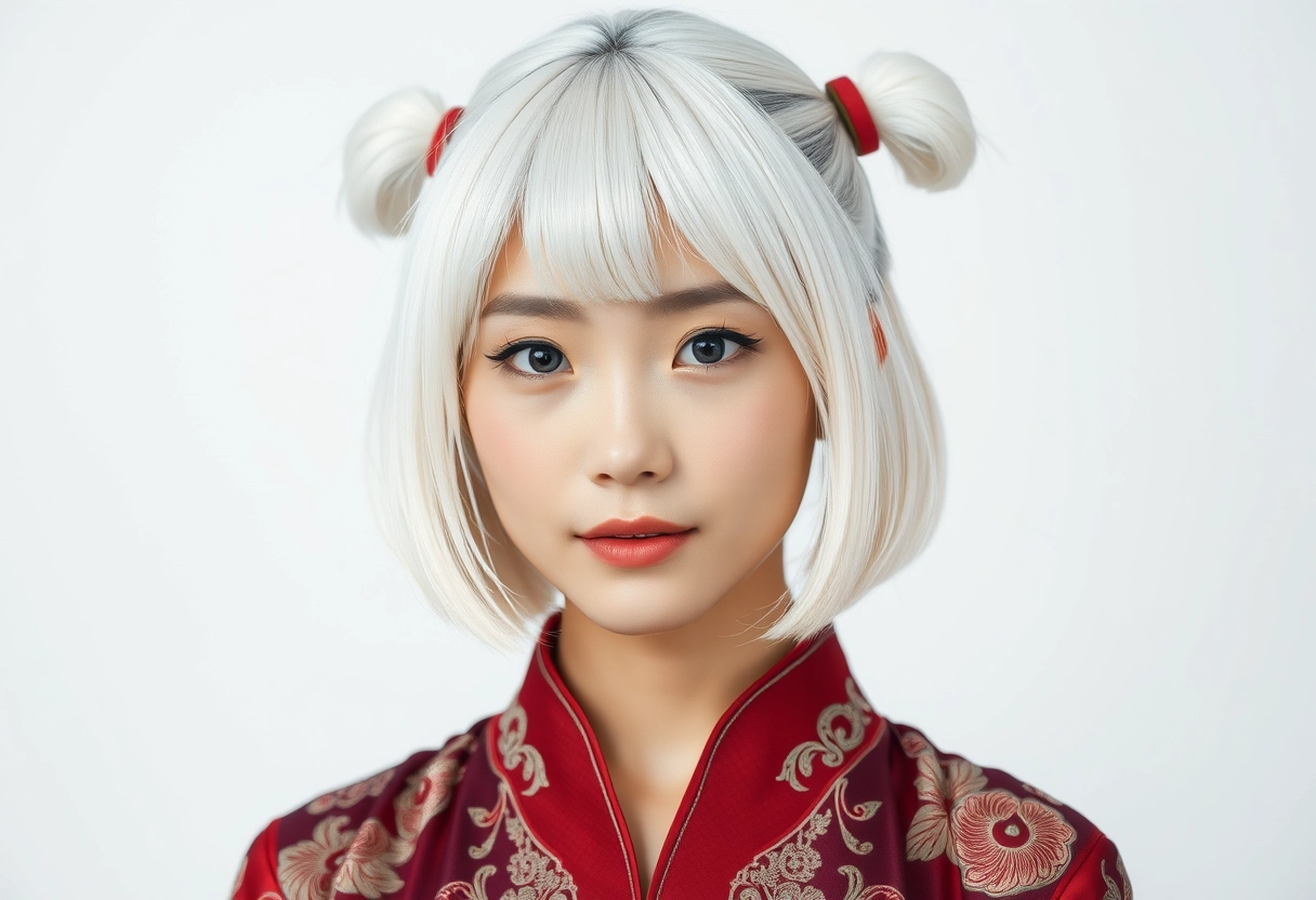 A professional high-resolution photograph of an Asian woman in her late teens, of Taiwanese descent, with a slim and moderately muscular body. She has fair skin and white hair styled in a bob with twin tails. She is wearing an oriental outfit. - Image