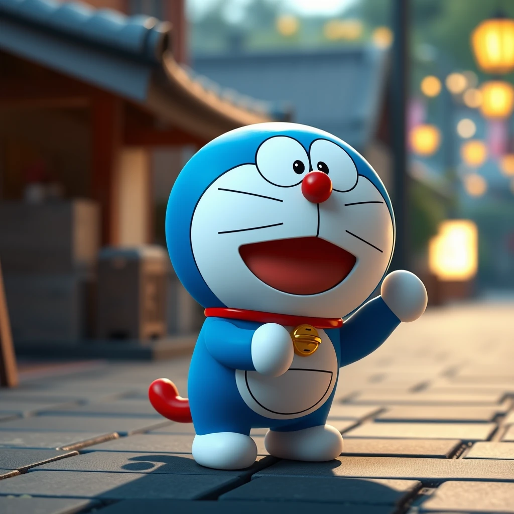 Doraemon in Pixar style, cute and expressive, vibrant colors, animated charm, friendly and inviting, playful pose, cinematic lighting, heartwarming atmosphere. - Image