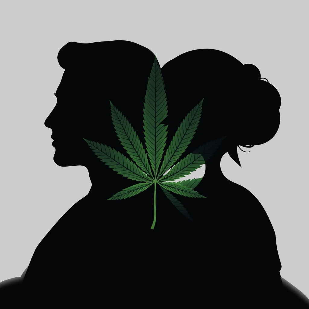 Please create a HD realistic image of a male and female silhouette in black and white with an image of a Cannabis leaf faded in the background. It should look like a logo and be clean, sleek and simple yet complex in that it mustn't scream Cannabis too loudly. - Image