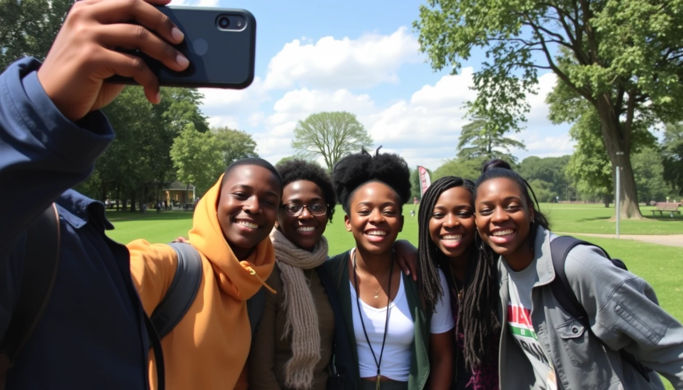 iPhone photo of a group of Rwandan youth being happy, a park in Germany, uploaded to Facebook.