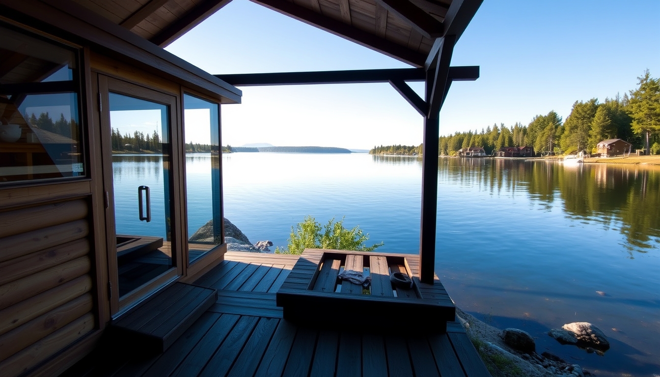 A peaceful lakeside retreat with a glass-fronted sauna overlooking the water.