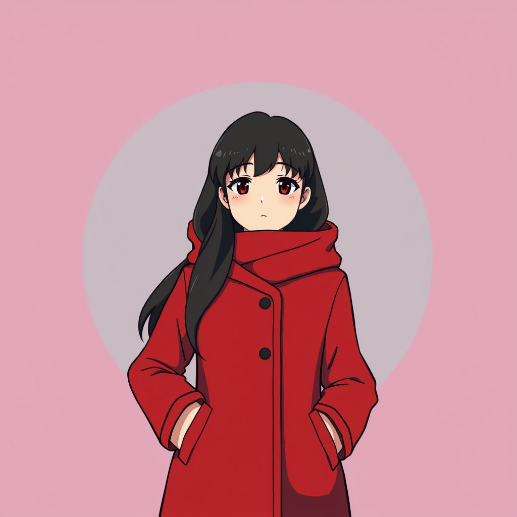 ghibli, simple illustration of a woman wearing a cozy red coat, sci-fi, anime style