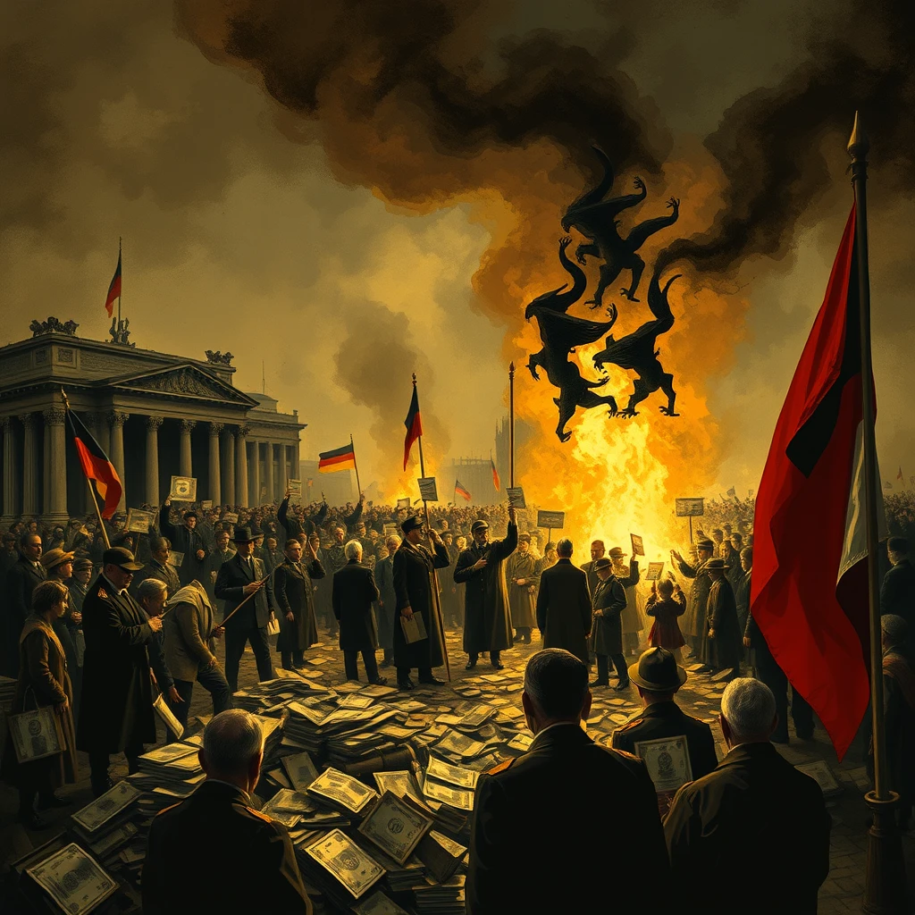 "Illustrate the deep sense of despair among the German people following their defeat in World War I. Show the crushing burden of the Treaty of Versailles, with its massive reparations, worsening the German economy. Depict the hyperinflation of the early 1920s, where the value of money plummeted, making daily life increasingly difficult for ordinary citizens. The image should convey the severe economic hardship and hopelessness that gripped the population during this period."