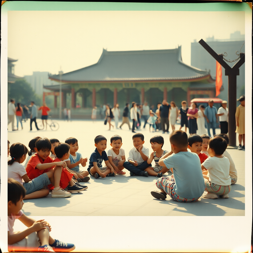 China in the 1980s. Children sitting in a circle and dancing in the square. Summer. Ultra-detailed portrait. Grainy film with light leaks. Polaroid photo with slightly peeling edges. - Image